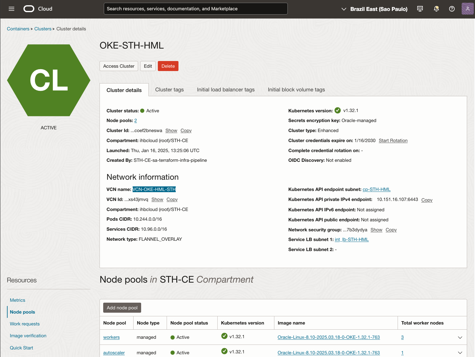 Console OCI - Detalhes do Cluster HML