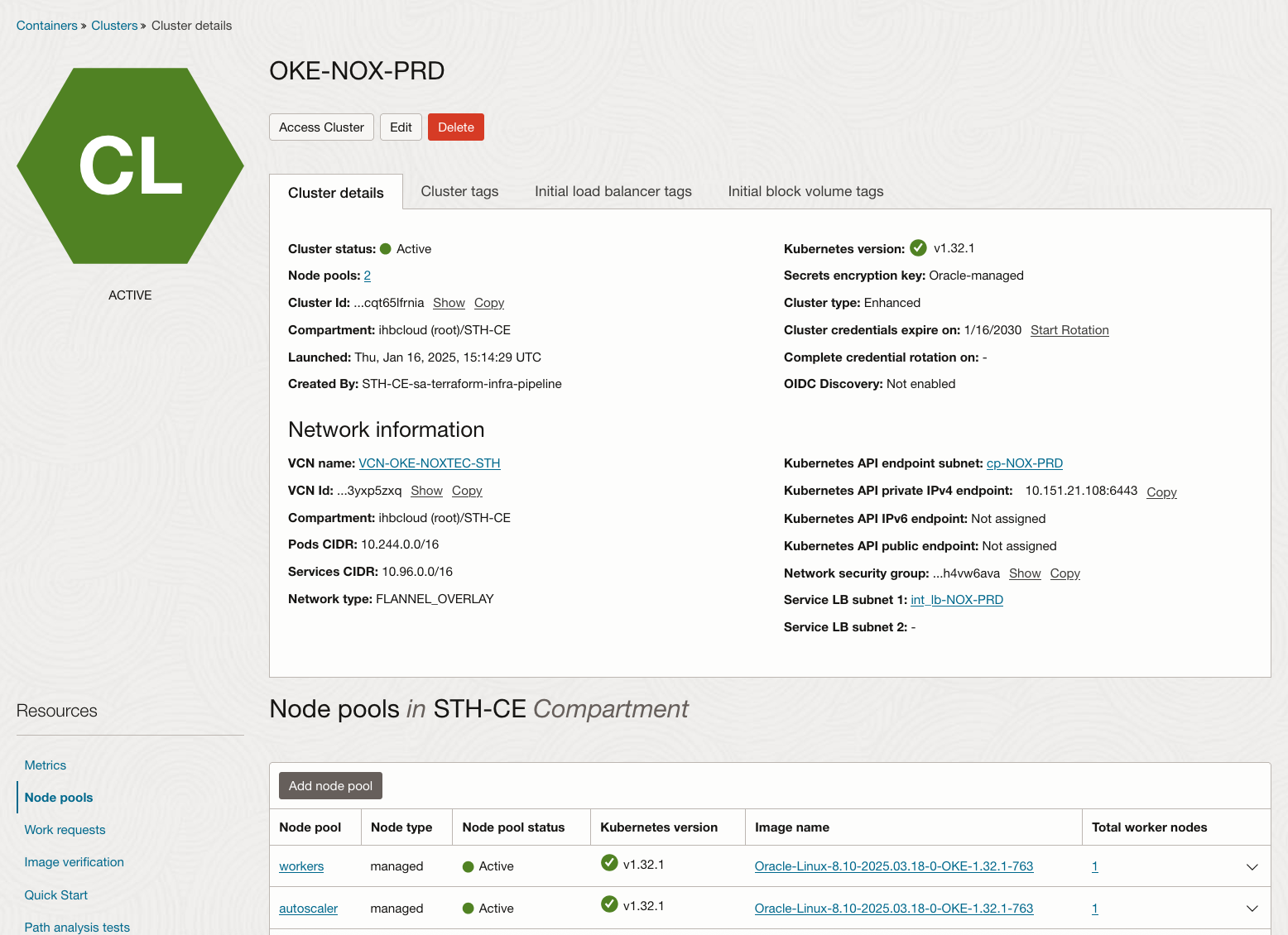 Console OCI - Detalhes do Cluster NOX-PRD